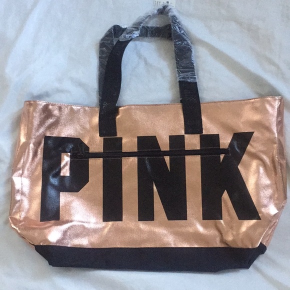 NWT PINK Victoria Secret metallic bag gold blck - Picture 2 of 8